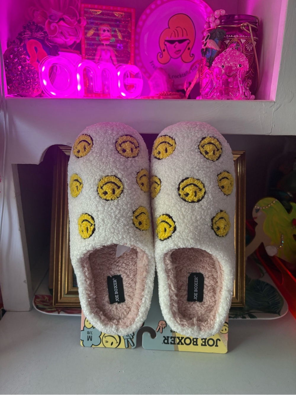 Joe Boxer Pink Sherpa Slip-On Slippers with Yellow Smiley Faces